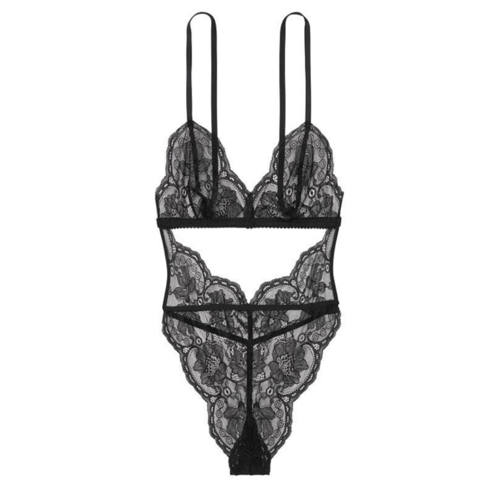 NWT Victoria's Secret Black Lace Bodysuit Unlined Cutout Lace Teddy Size S